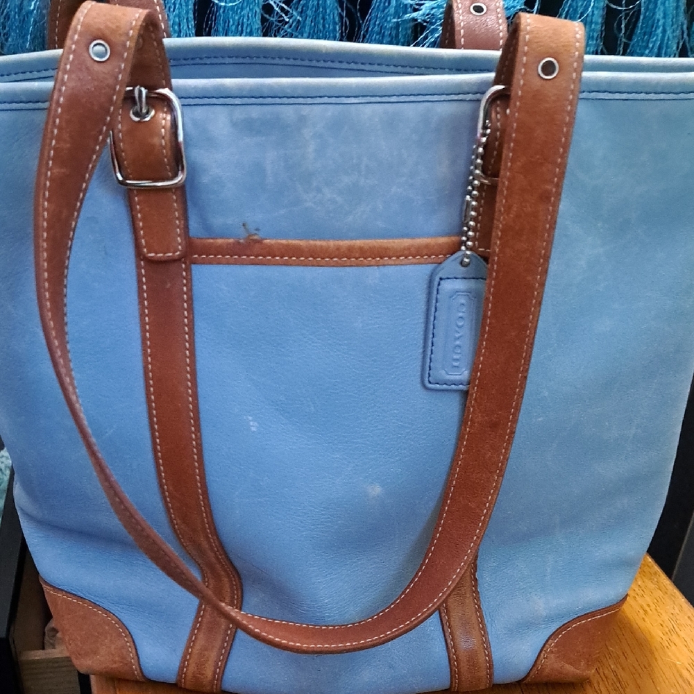 Coach Sky Blue and Tan Leather Tote